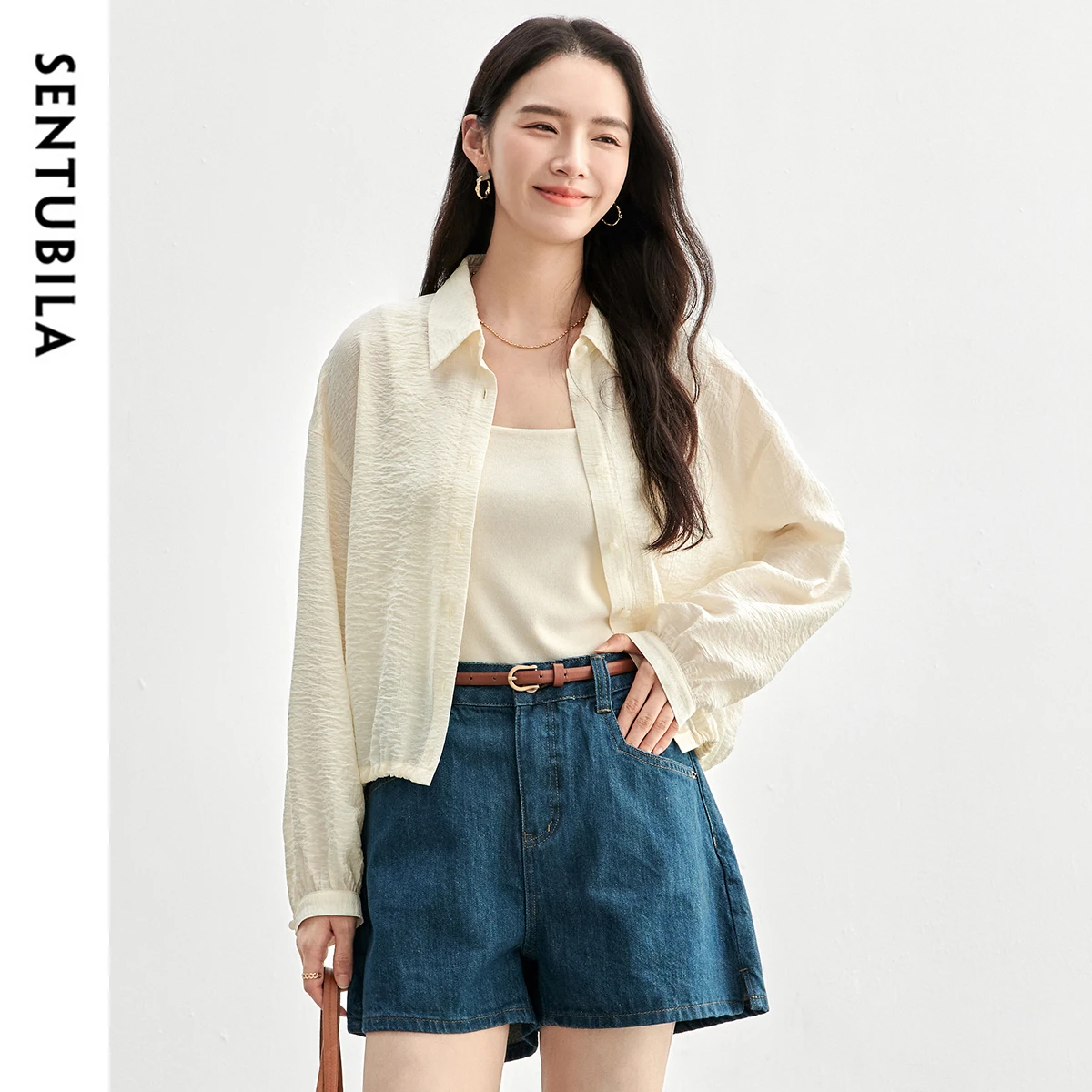 

SENTUBILA Solid Women Shirt 2025 Autumn New Loose Fit Casual Turn Down Collar Long Sleeve Chic Button Shirring Blouses 151C57892