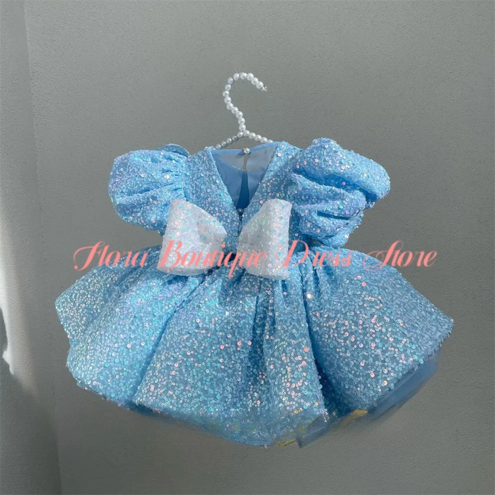 Petal Royal Blue First Communion Gown Round Neck Puffed Sleeve Flower Girls Dress Back Giant Bow Evening Party Dress for Girls
