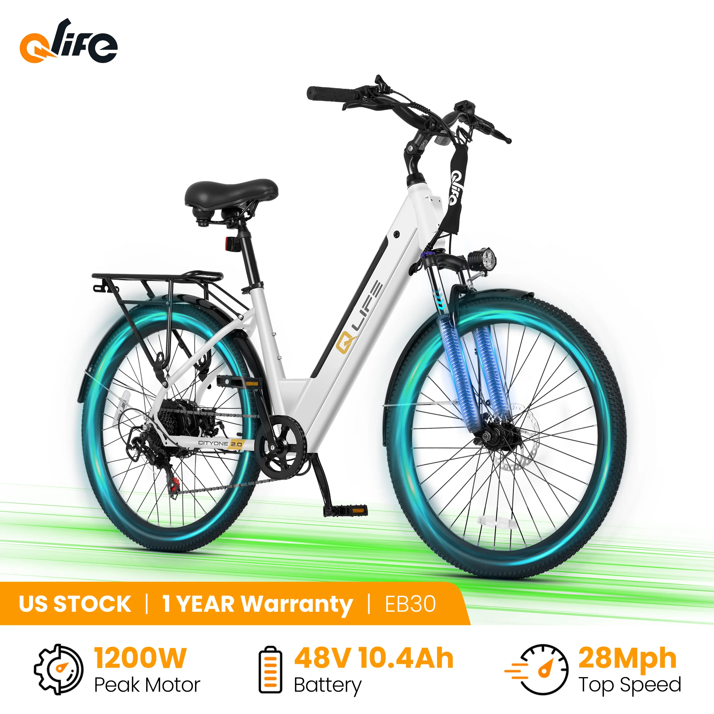

Qlife Cityone 2.0 26" Electric Bike for Adults, 1200W Peak Motor 48V 10.4Ah Battery, 28MPH 55 Miles, 7-Speed Electric Bicycle with Front Suspension