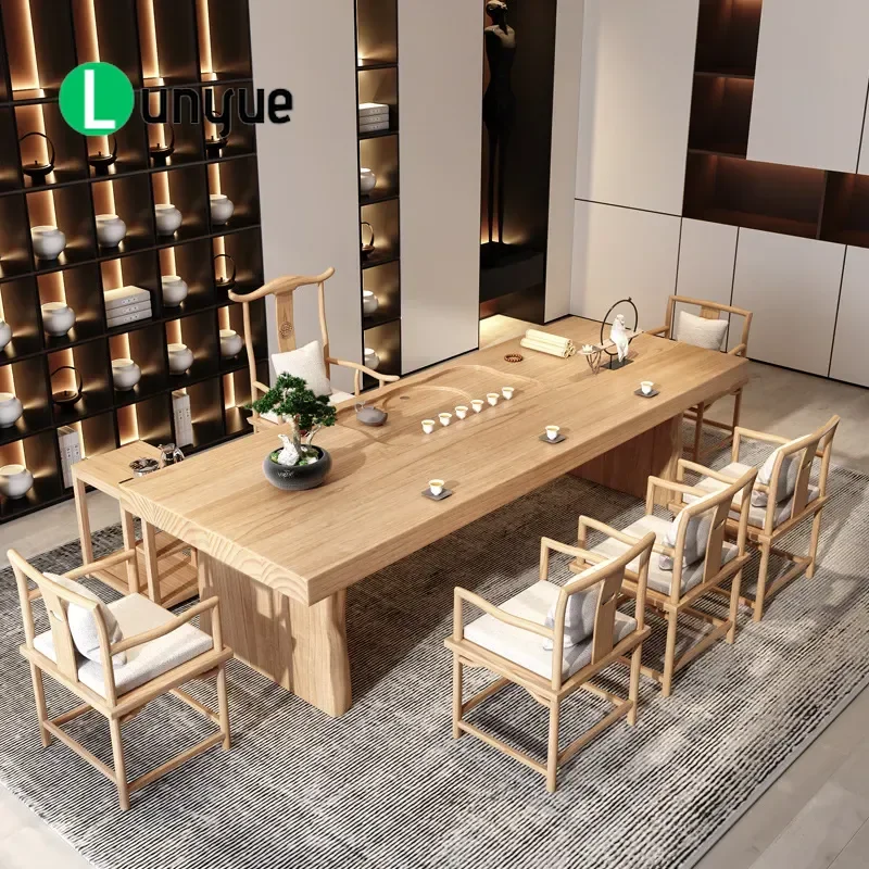 New Chinese Style Solid Wood Tea Table and Chair Set Large Log Board Kung Fu Tea Desk Integrated Furniture for Living Room