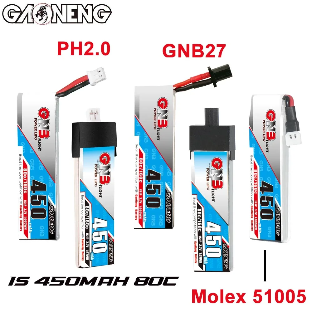 GAONENG GNB 450mAh 1S 80C 160C 3.7V GNB27 PH2.0 Molox 51005 LiPo Battery for BetaFPV Beta75X Happymodel Mobula6 Mobula7 Snapper