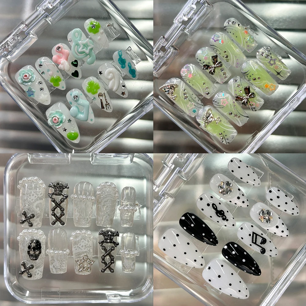 

Kawaii Wings Bowknot Diamond Smudging Handmade Nails Polka Point Flowers Pearl Star Heart Hand-Drawn Press On Nails Friend Gifts