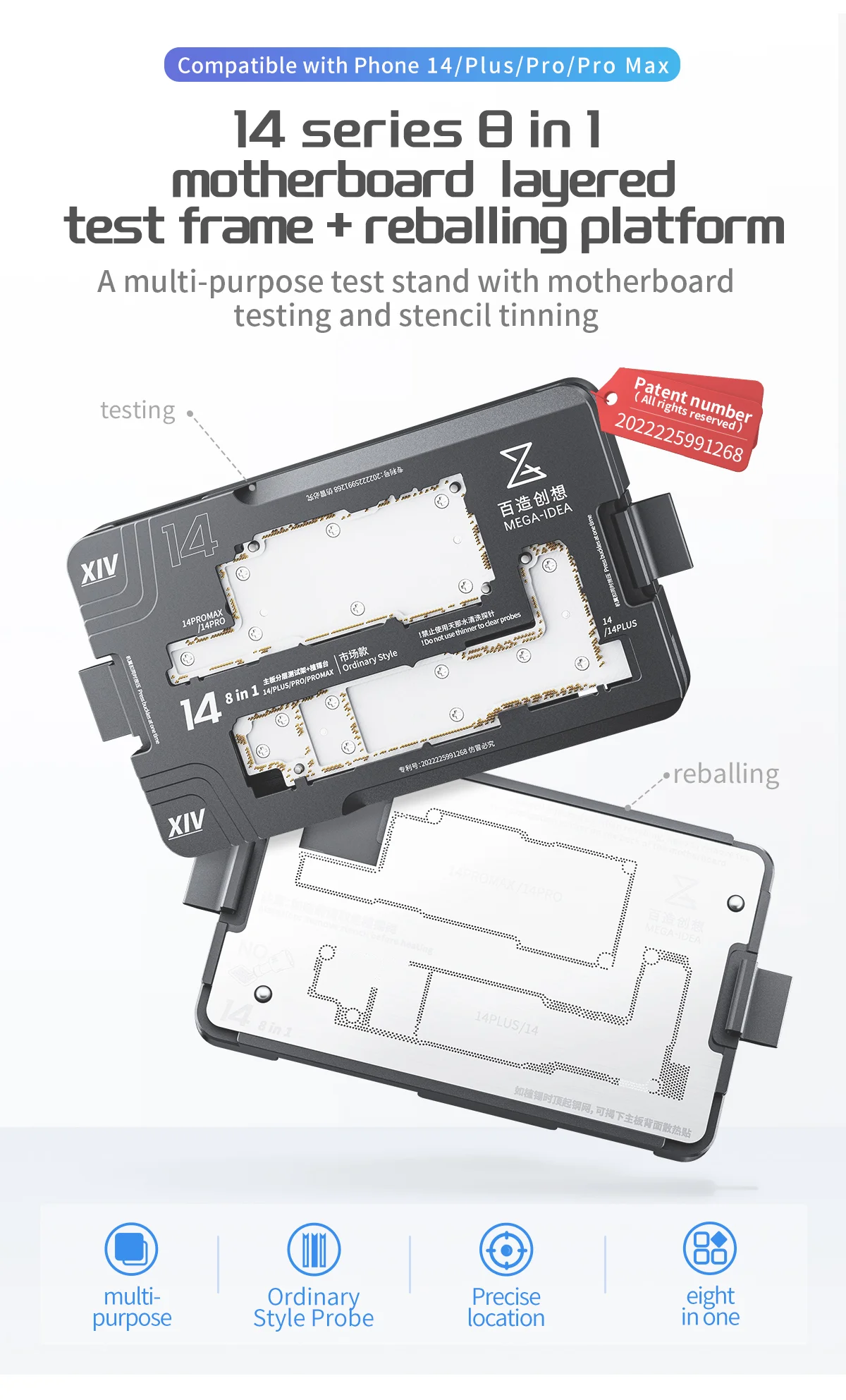 MEGA-IDEA 8 in 1 Motherboard Layered Tester With Reballing Platform For iPhone 14/Plus/Pro/Max Mainboard Function Checking Tool