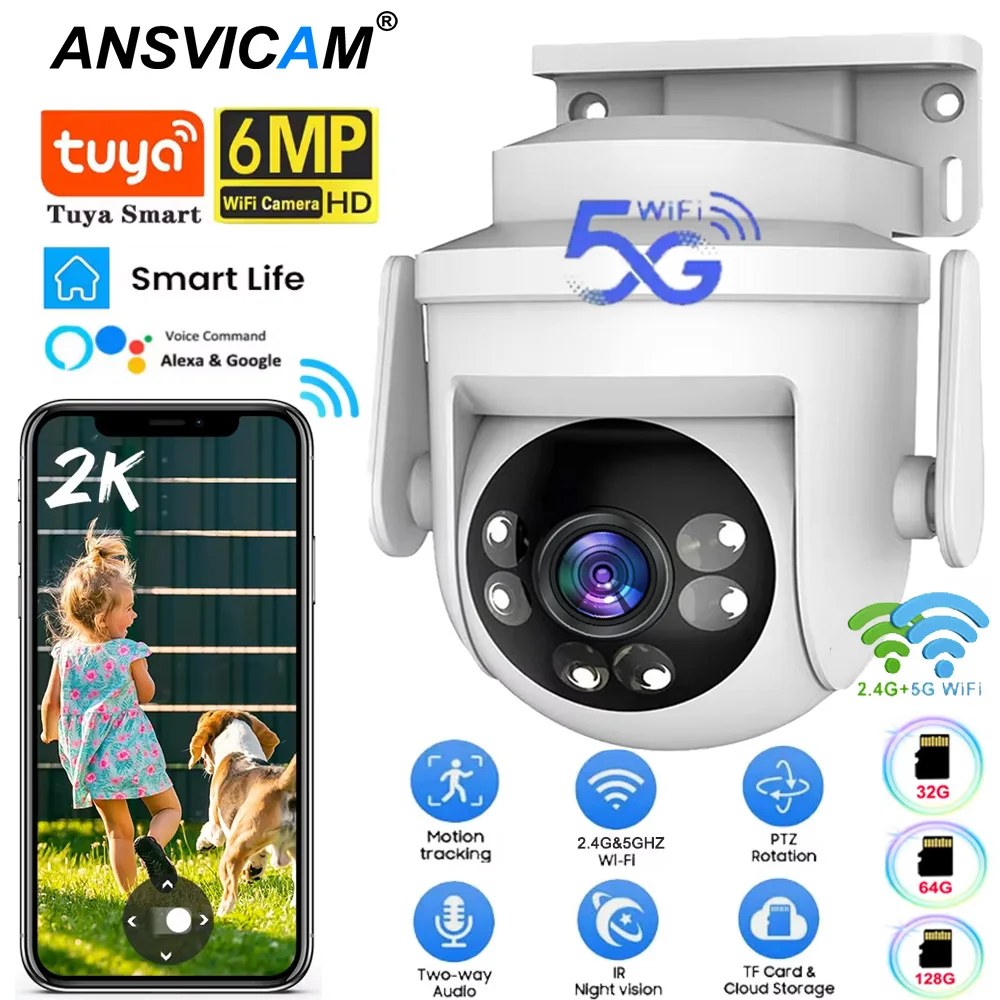Tuya 2K 6MP Security Camera Outdoor 5G Wifi PTZ IP Camera Color Night Vision PIR Motion Detection Ourdoor Camera Alexa/Goggle