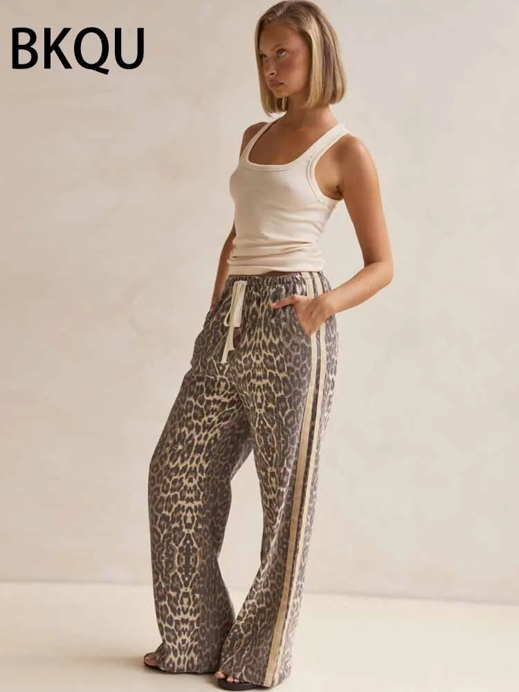 กางเกงยีนส์ลำลองลายเสือดาว BKQU สำหรับผู้หญิง เอวสูง Y2k ลายทางย้อนยุค แฟชั่นสตรีทแวร์ ทรงหลวม ขากว้าง ผ้าเดนิม ฤดูใบไม้ร่วง 2025