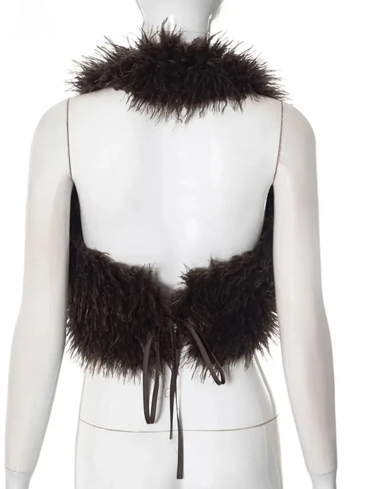 Sexy Faux Fur Waistcoat Women Furry Backless Bandage Halter Crop Vests Coat 2025 Fashion Warm Outerwear Y2K Streetwear