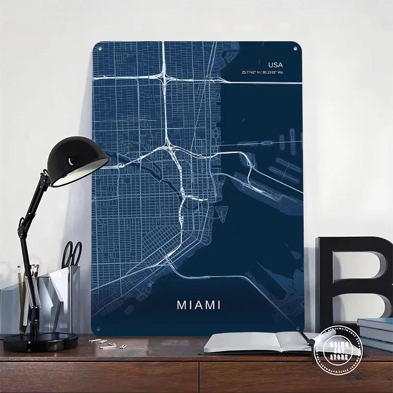 Miami City Map Art 3D Texture Printed Poster Custom Vintage Metal Tin Plate Sign for Wall Art Luxury Decoration Home Funny Signs