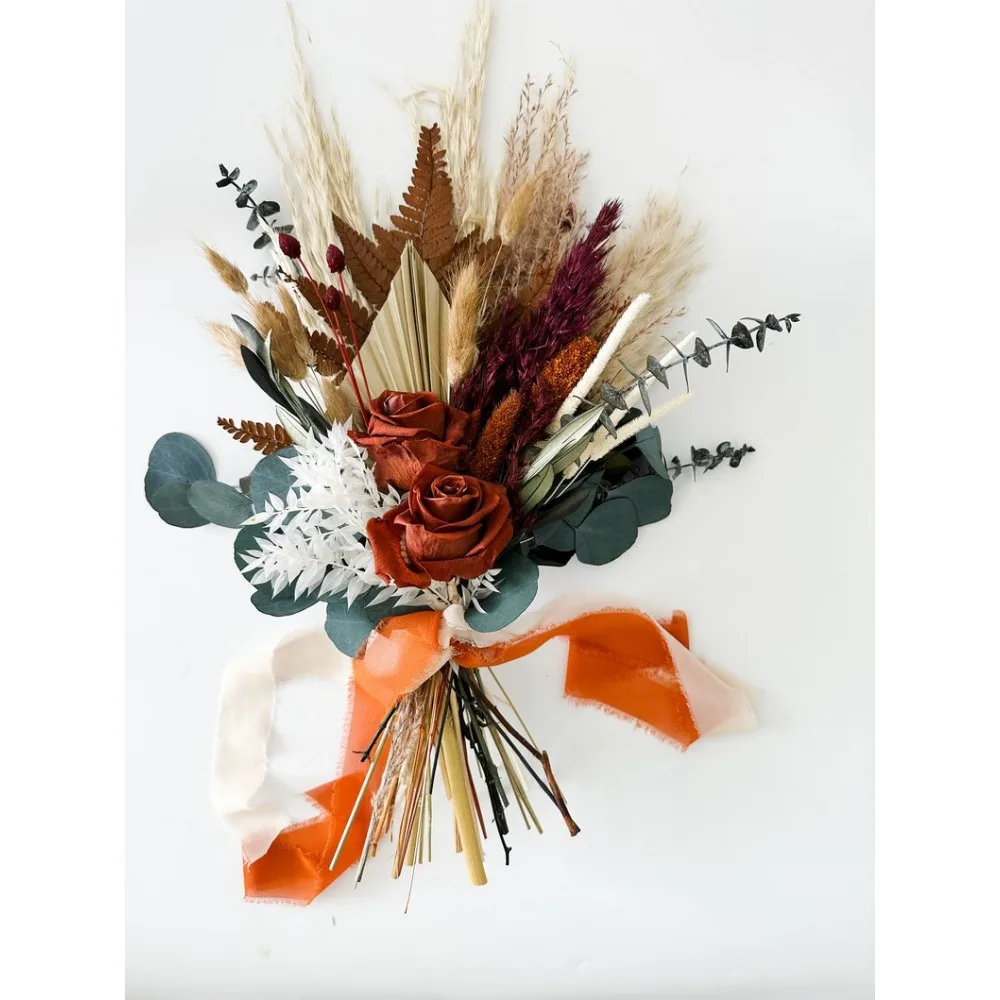 Getrocknete Blumen, kleine Oliven, Burgunder Rost Pampas Gras Bouquet, Braut und Brautjungfern, Hochzeits blumen