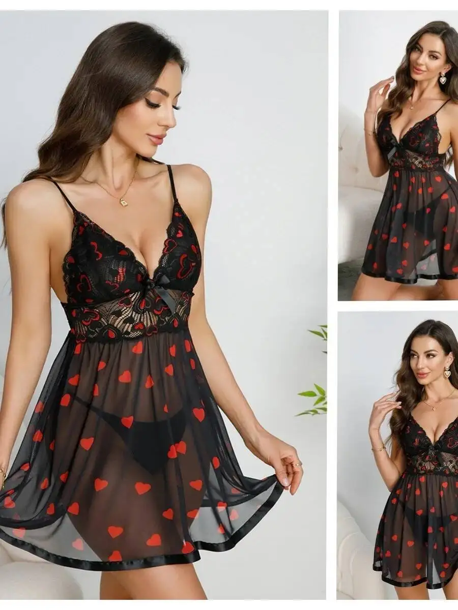 القلب الدانتيل ثوب النوم حزام العميق الخامس الرقبة بقماش شفاف القوس رومانسية ملابس خاصة فستان شفاف للنساء رغبة نقية الساحرة U1I5 #2