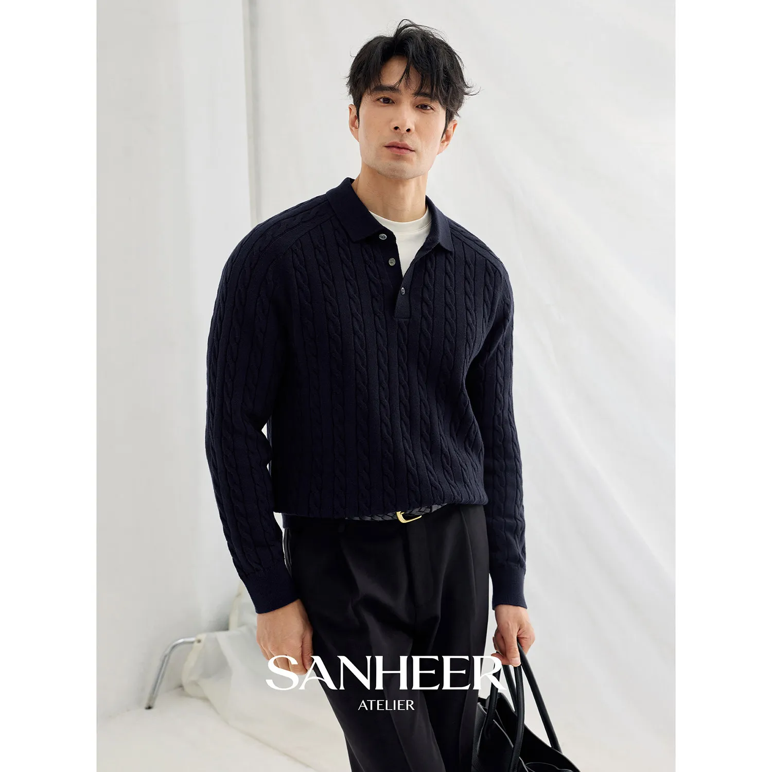 Cashmere blended twisted texture thick lapel sweater with saddle shoulder in autumn and winter