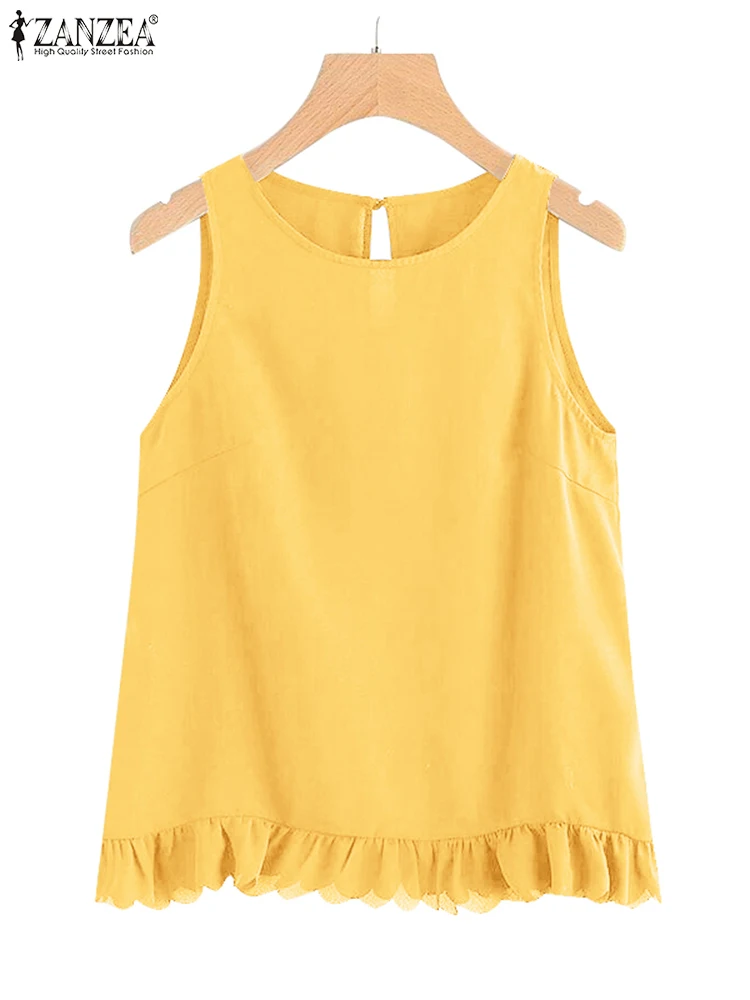 ZANZEA 2024 Summer Women Tank Tops Casual Sleeveless Tanks Korean Holiday Solid Loose Camis Fashion Ruffled O-neck Beach Tunics