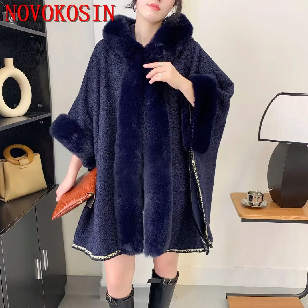 3 Colors 2024 Navy Blue Winter Warm Fashion Thick Loose Poncho Cloak Women Long Faux Rabbit Fur Collar Streetwear Coat With Hat