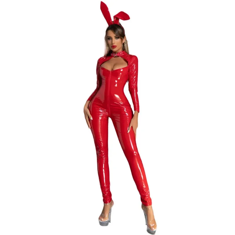Women Sexy Wetlook Faux Leather Catsuit PVC Latex Front Zip Open Crotch Clubwear PU Jumpsuit Lingerie Bunny costumes PA5746
