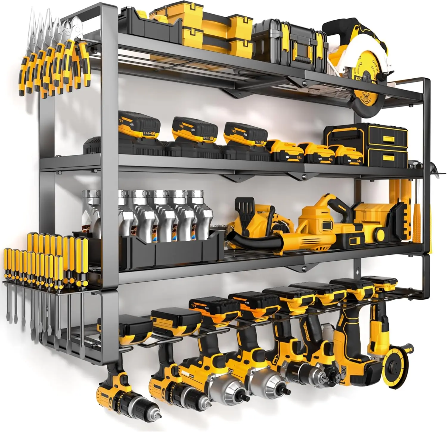 4-Tier Heavy Duty Power Tool Organizer Wall Mount, 400lbs Capacity Garage Storage Rack with 8 Cordless Drill Holders