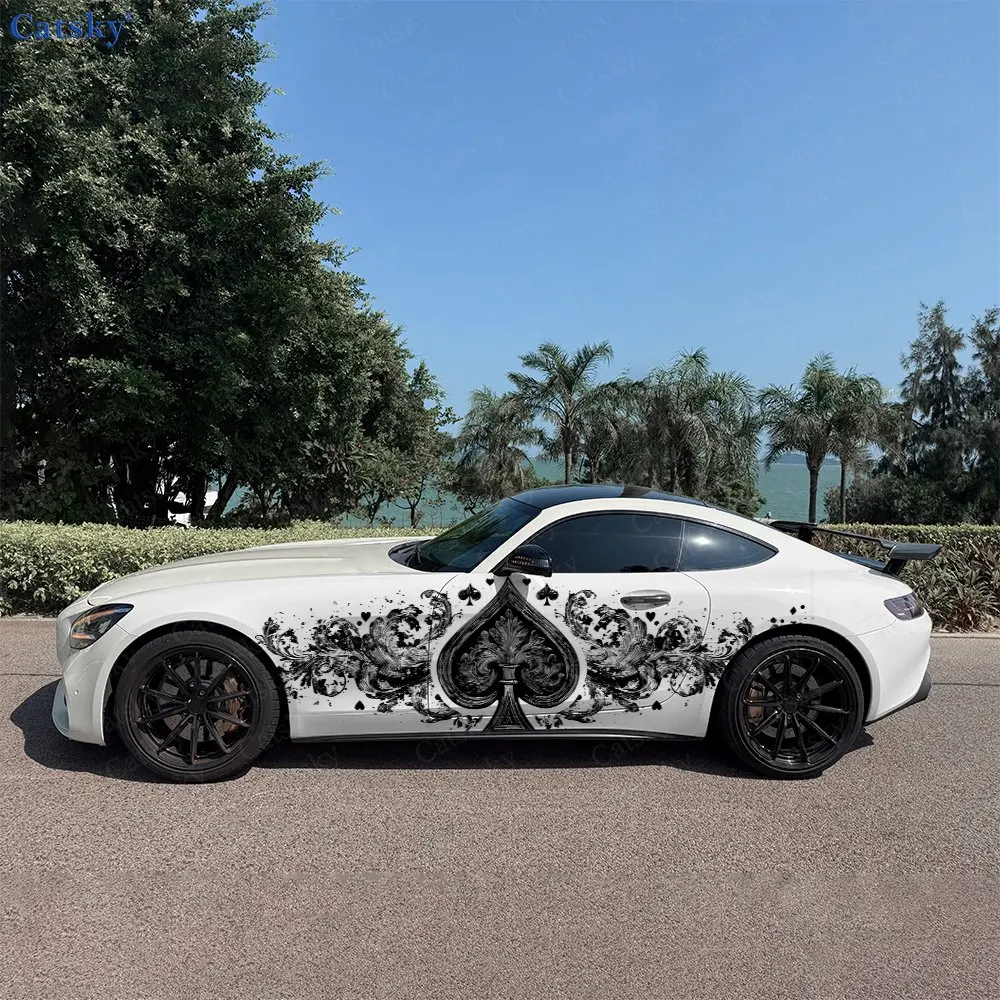 Baroque Scroll And Iris Ornament Car Side Wraps, Self-Adhesive PVC Waterproof & Scratch-Resistant Stickers, Car Accessory Gift