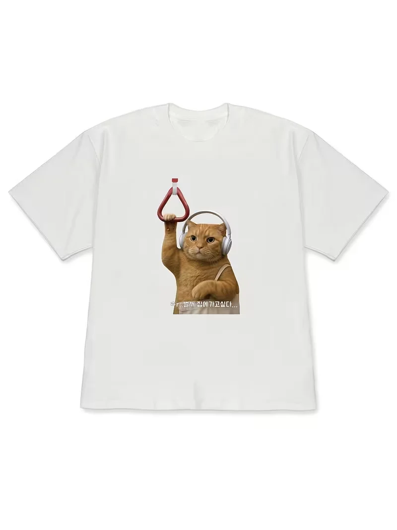 Funny Meme Hamster with Headphone Print T-Shirt Korean Cute Loose Oversized Short Sleeve Casual Streetwear Basic Summer Top
