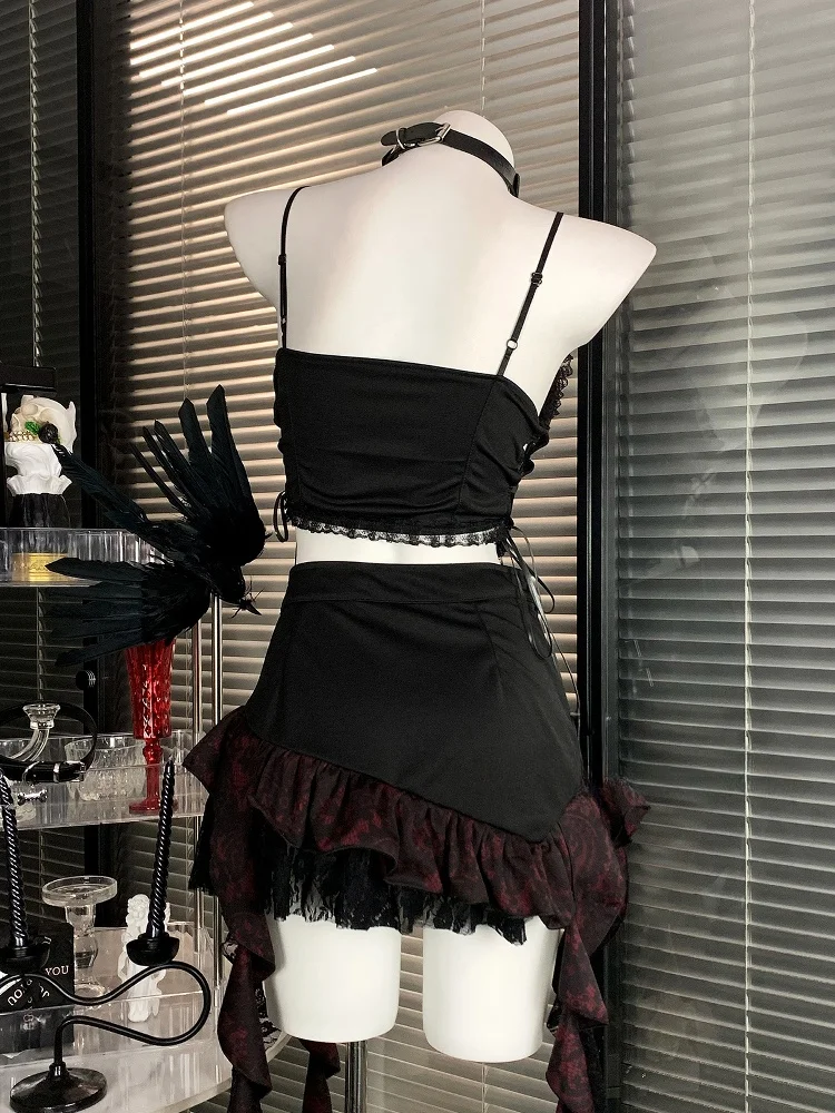 Gothic Sle Cross ort Rok Set Onregelmatige Dr Hot Girl Subcultuur Kleding Polyestervezel V-Ne Pullover Lente F...