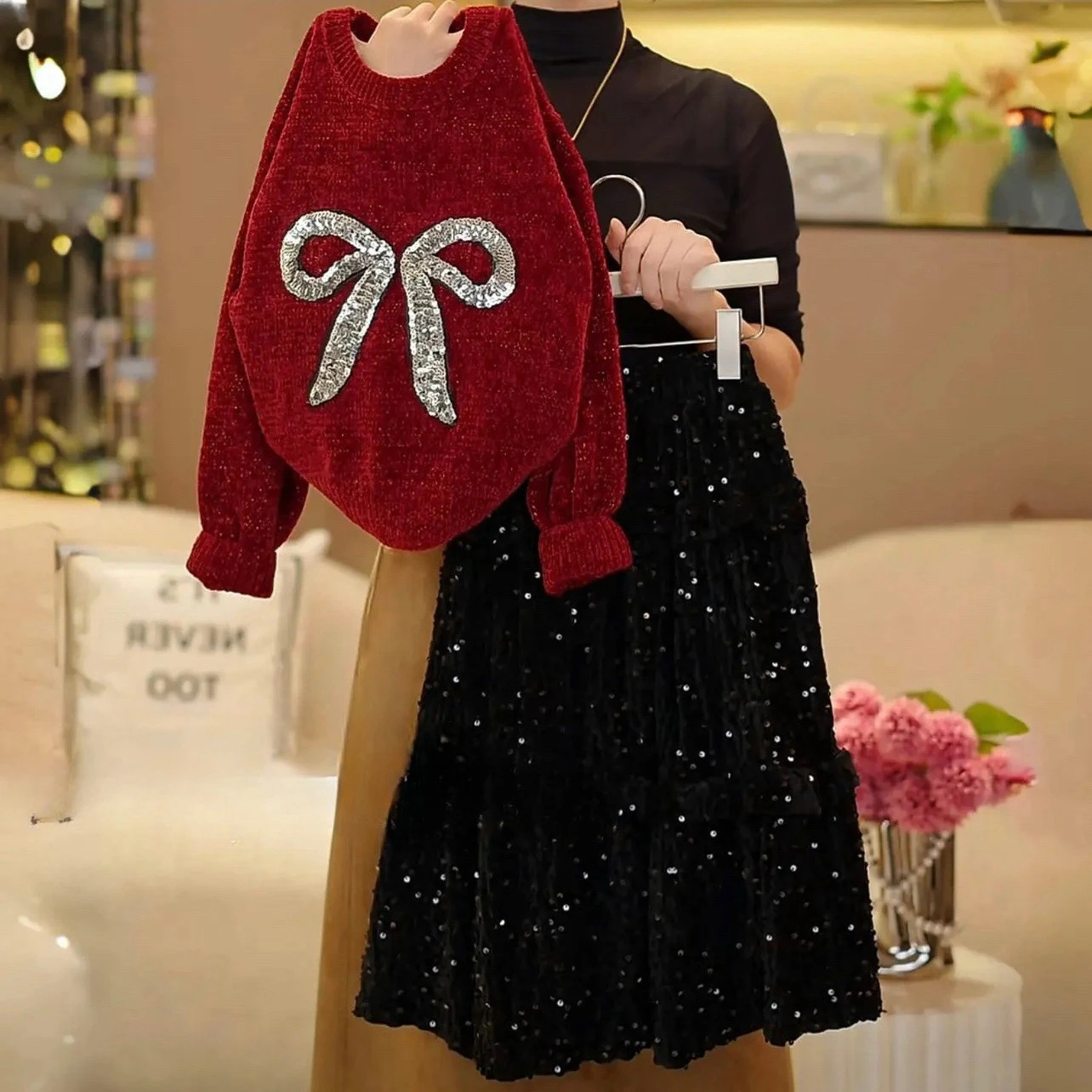 Children's Clothing Autumn and Spring New Style Suit Fashion Red Bow Sweater Sequin Skirt Kids Beautiful Two Piece Set
