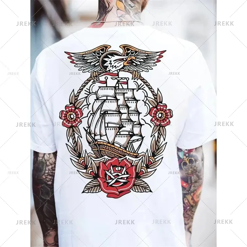 Old School Sailor Tattoo Unisex Oversized T-Shirt, Retro Sailing Ship Anchor Graphic Tee, Streetwear Cotton Top For Men Women