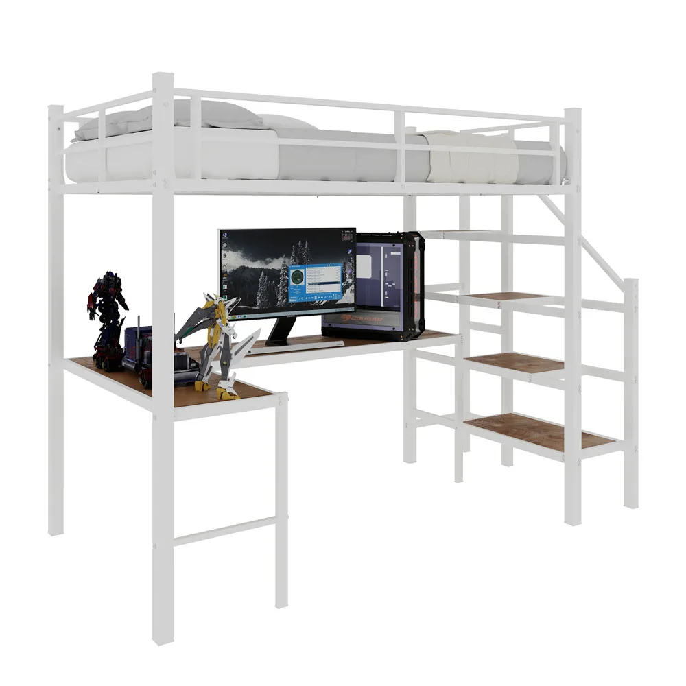 90x190cm Hohes Hochbettgestell mit L-förmigem Schreibtisch, platzsparendes Einzel-Hochbett mit Treppe, durchgehenden Sicherheitsgeländern, geräumigen Ablageflächen und Staufächern, stabiles Hochbett für Schlafzimmer, Teenager- und Erwachsenen-Schlafzimmermöbel – Detail 27