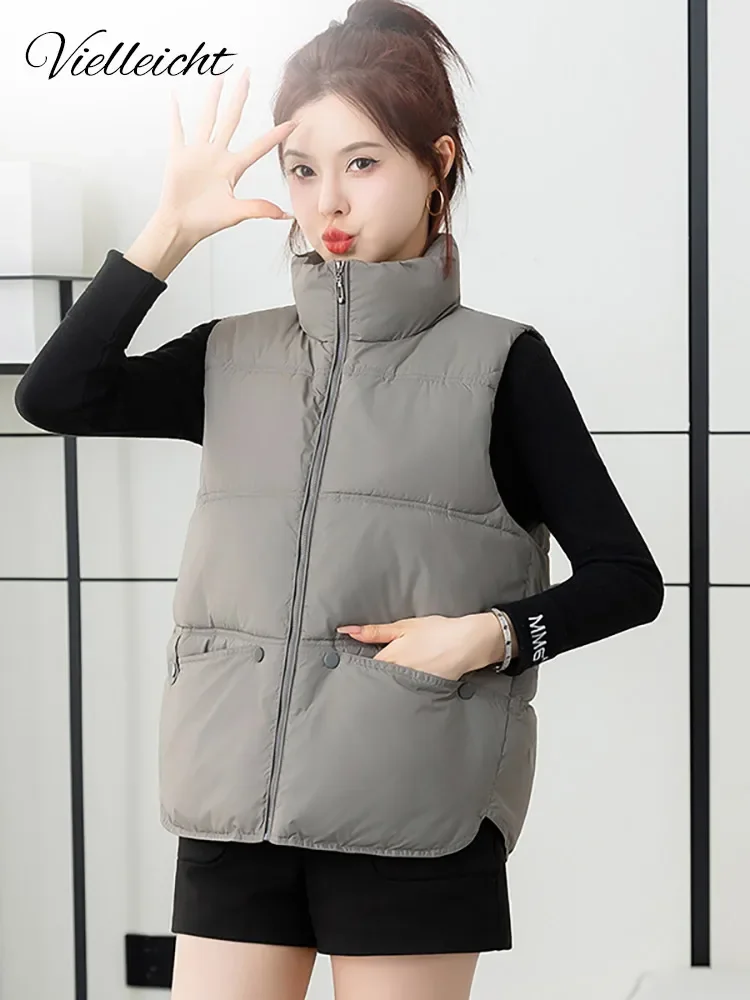 Vielleicht New Autumn Winter Short Stand Collar Casual Women's Puffer Vest Jacket Cropped Zipper Cotton Padded Winter Waistcoat