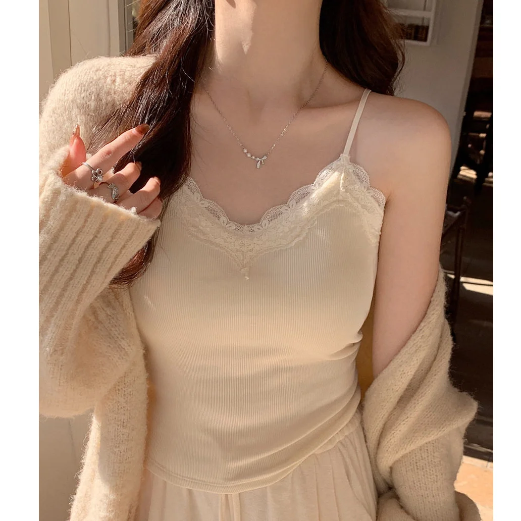 

Women's Lace Strap Vest Pure Cotton V-Neck Inner Wear Base Shirt Autumn Winter Fleece Lined Top Underwear Home Clothes