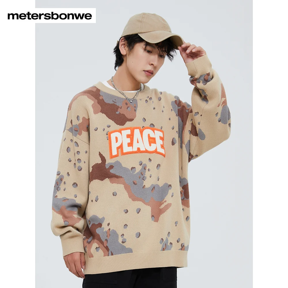 Metersbonwe-Men's O-Neck Loose Sweater Jumper Camouflage Jacquard Towel Embroidery Pullover Trend Street Winter Warm Wear