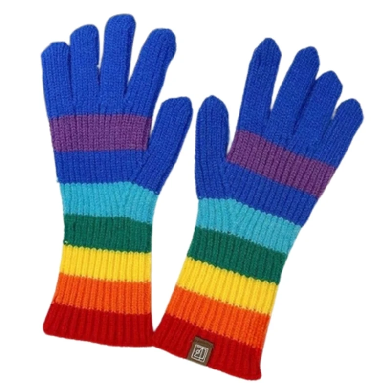 

Rainbow Color Striped Knitted Gloves Winter Full Finger Mitten Thicken Warm Christmas Harajuku Gloves for Girlfriend NEW