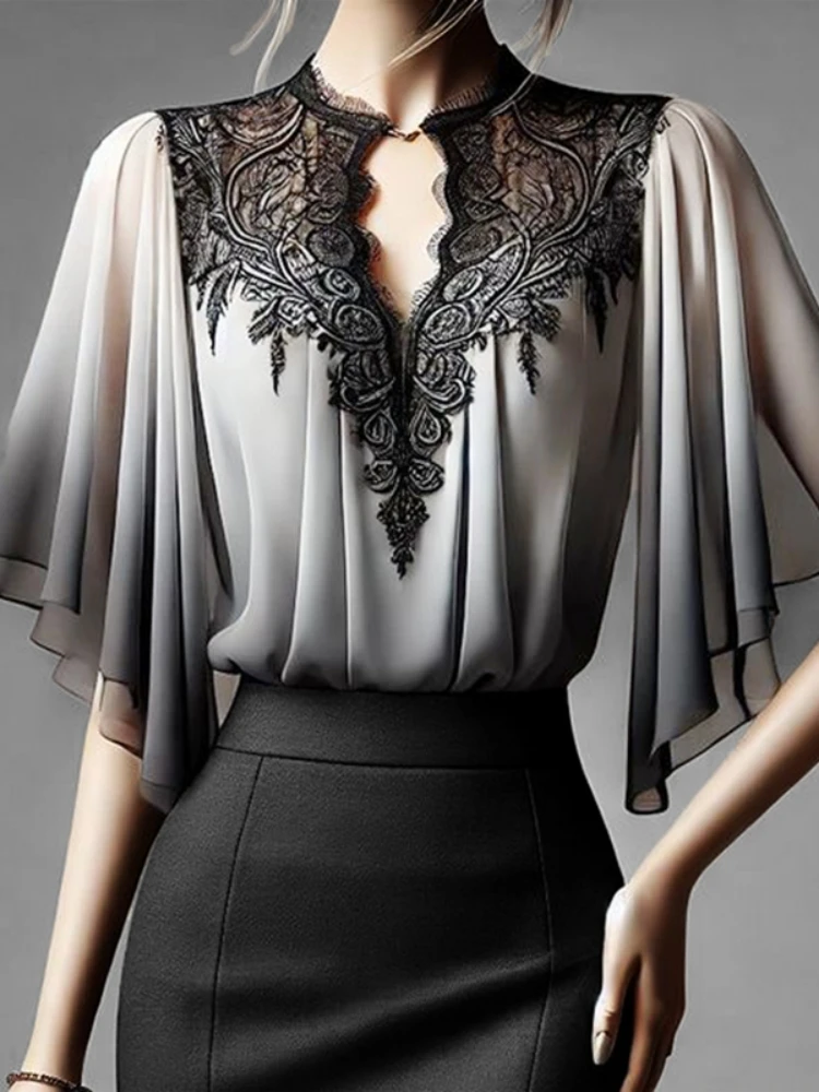 

Elegant Shirt Lace Splicing Tops Gradient Color O Neck Hollow Out Tees Breathable French Style Flared Sleeves Blouse Daily Wear