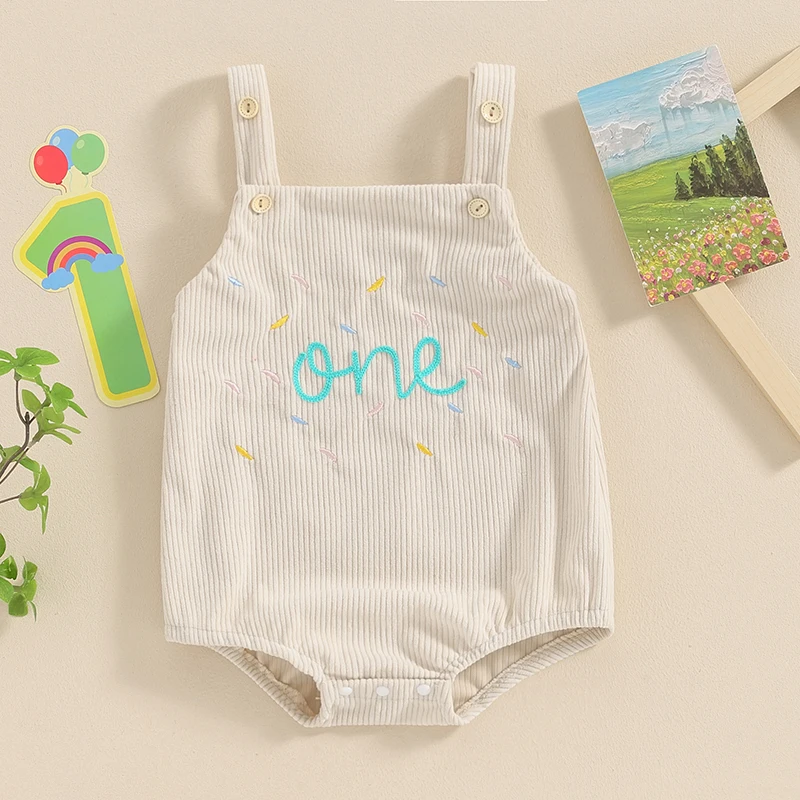 

Baby First Birthday Romper Sleeveless Button Closure Letters Bodysuit Casual Overalls for Girls Boys