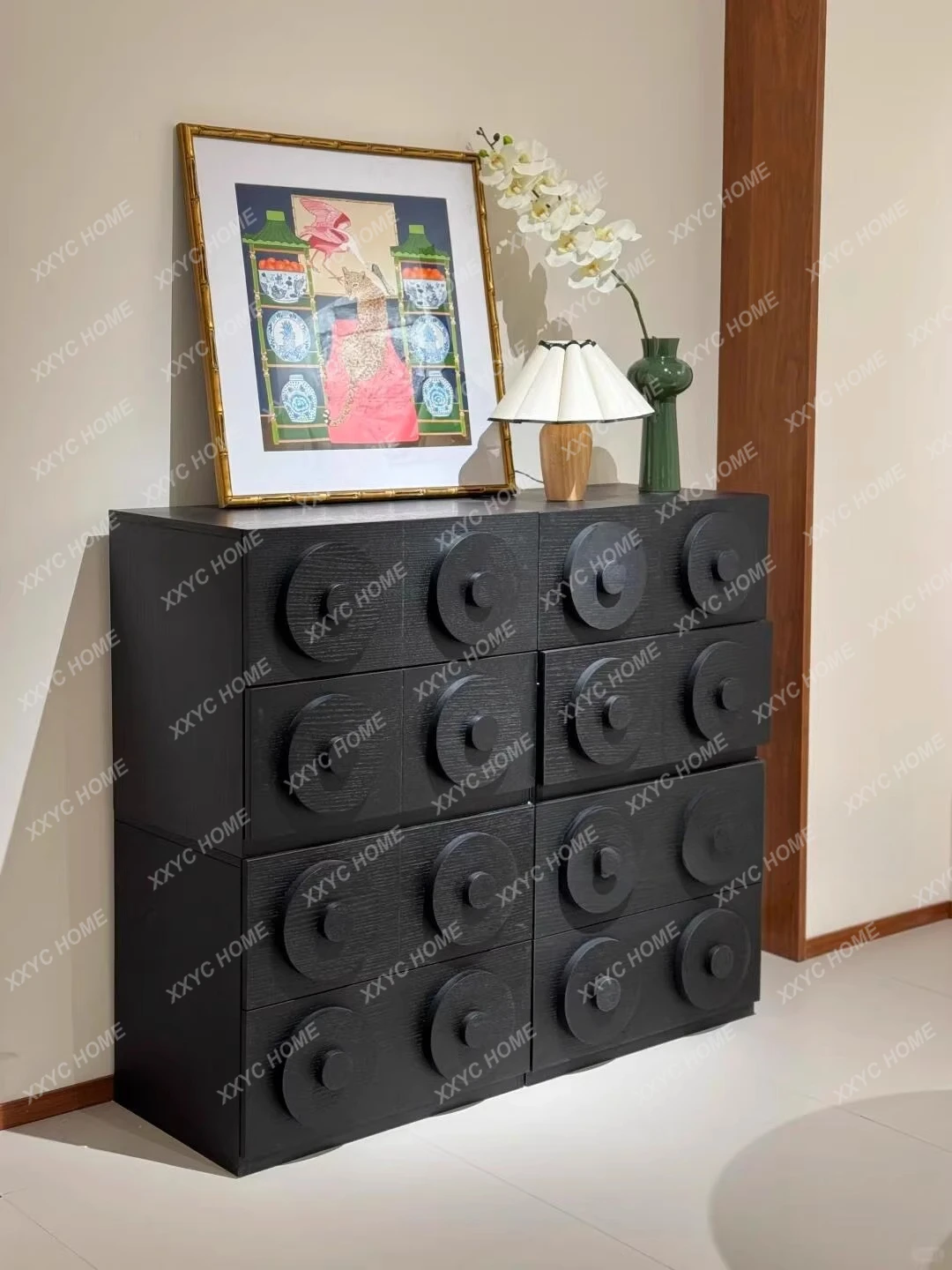 JModern minimalist black multi-drawer sideboard living room solid wood storage cabinet with geometric design