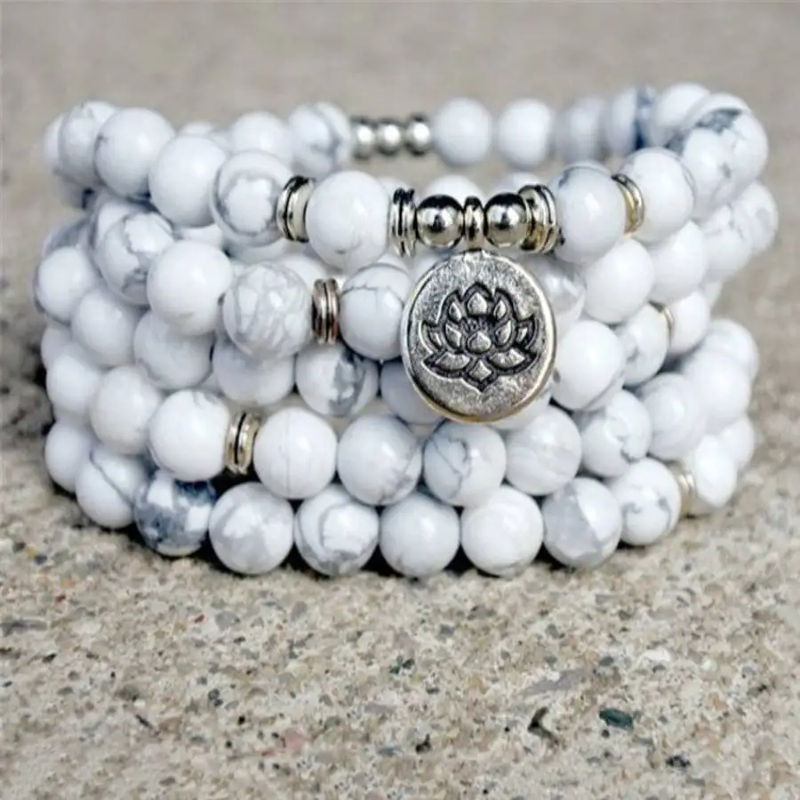 

6mm Howlite 108 Beads Gemstone Lotus Pendant Mala necklace Stone Japa Sacred Chakra Zen Nirvana elastic Men's Gemstone Chaplet