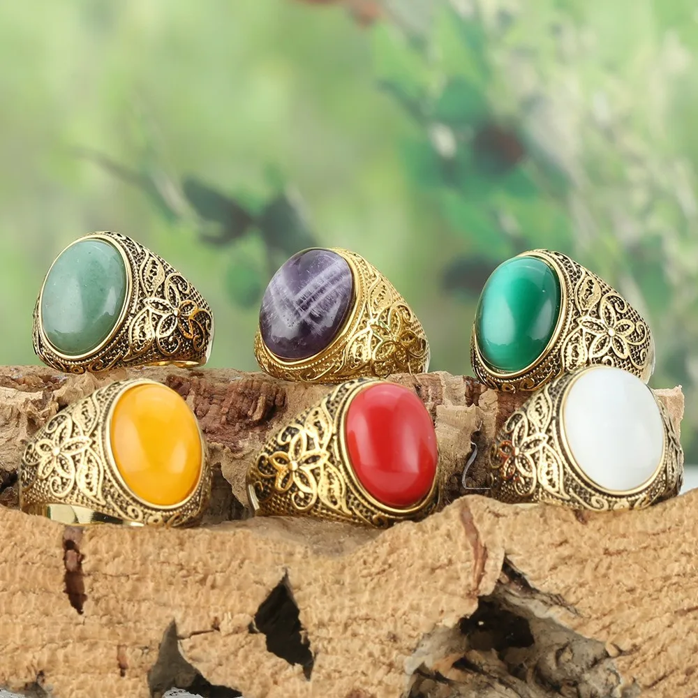 Natural Jade Agate Gemstones Vintage Pattern Carved Rings for Men14K Gold Filled Stainless Steel Masculine Finger Bands Dubai 5