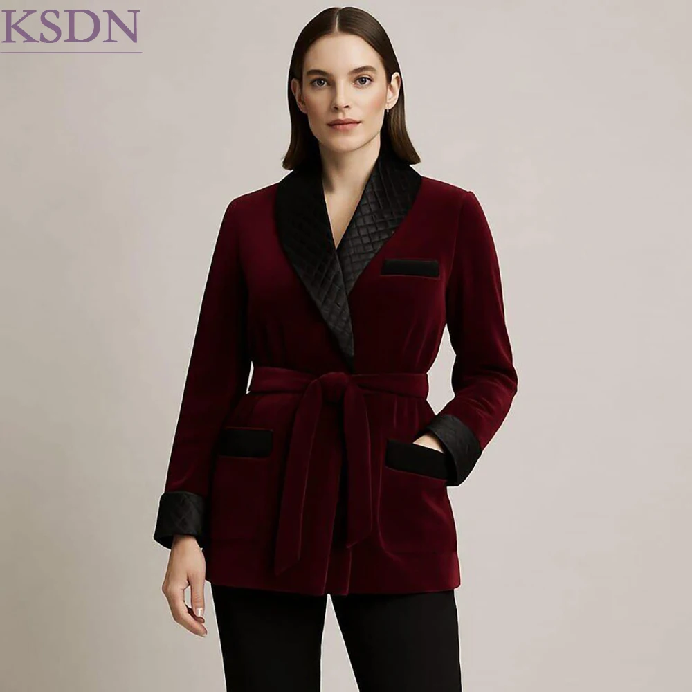 Belted Women's Suits Fashion Smoking Burgundy Velvet Blazer With Black Pants Shawl Lapel 2 Piece Daily Female Clothing Outfits