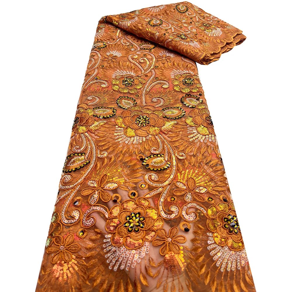 

French Net Lace Fabric 2025 High Quality African Lace Embroidered Nigerian Sequins Tulle Lace 5 Yards For Sewing Party Dresses