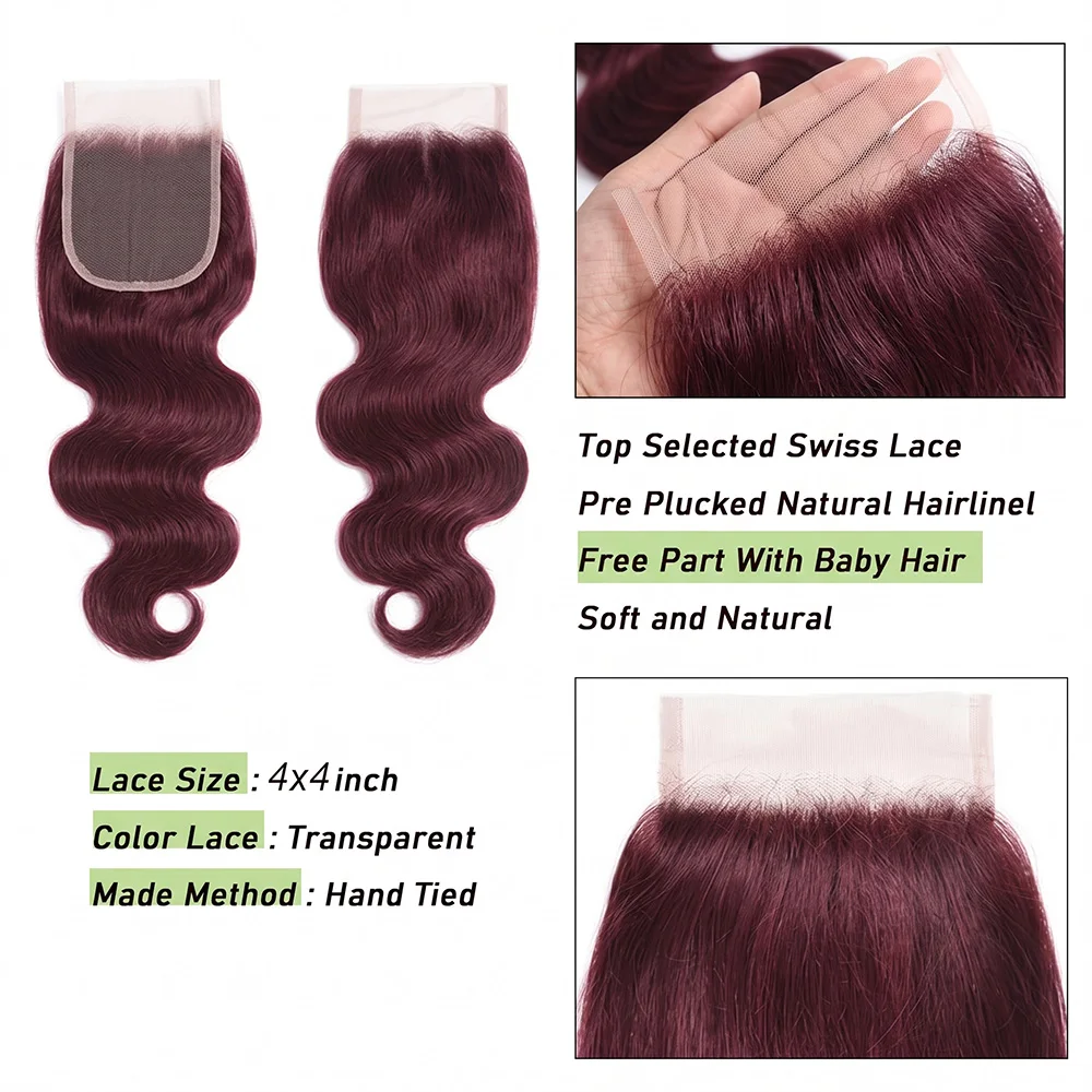 99j Dark Burgundy Closure Body Wave 4x4 Lace Closure 16 Inch 12A Wine Red Color Wavy Free Part Melt Lace Closure Unprocessed Virgin Remy Human Hair