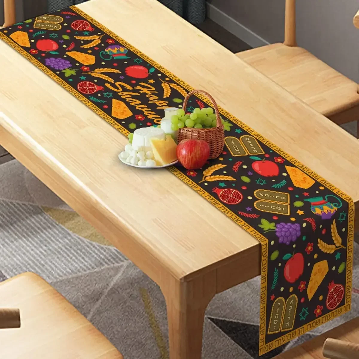 1Pc Jewish Holiday Style Table Runner Black Pomegranate Apple Wheat Cheese Ten Commandments Star Of David Hebrew Text Table Cove