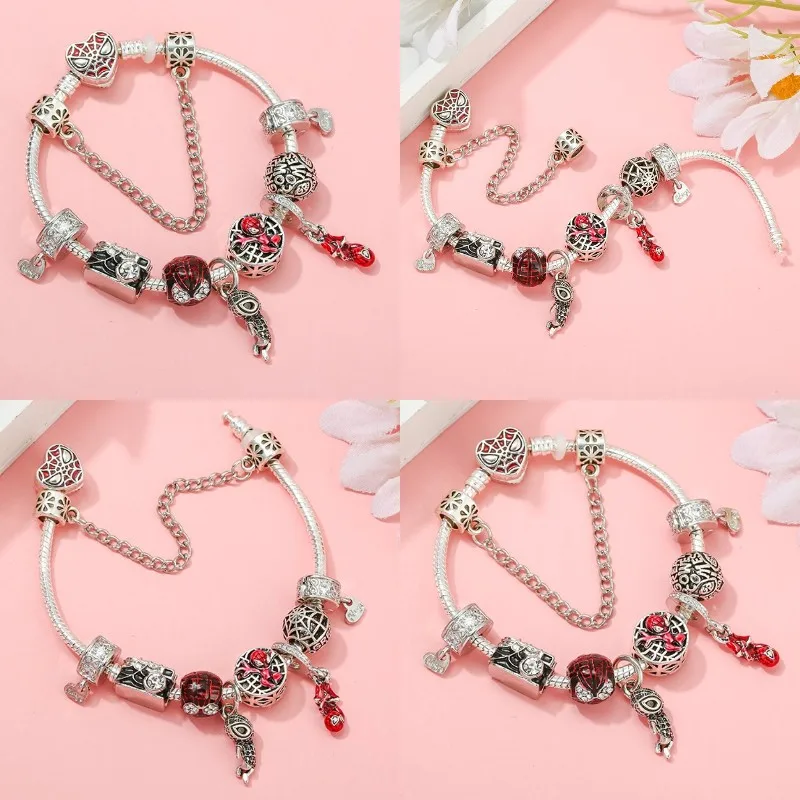 Disney Anime czerwona emalia Spider-Man bransoletka Charms kobiety wyczyลฤ CZ Cartoon Marvel Peter Parker Camera koraliki do Bijoux Making DIY