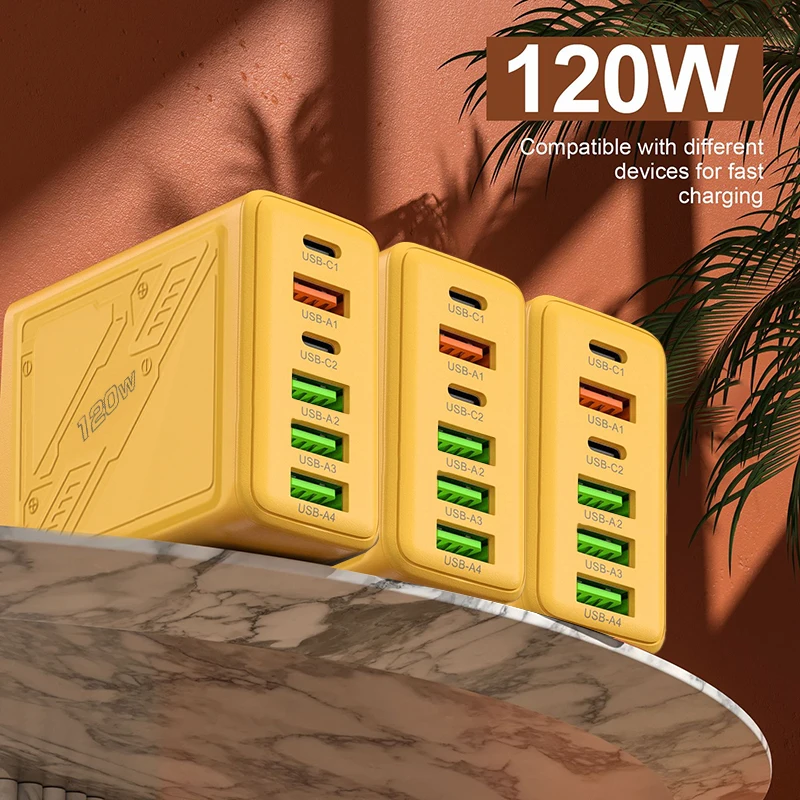 120W 6-Ports USB Type-C Phone Charger Tablet PD Fast Charging Power Adapter For Iphone For Huawei Xiaomi Realme Travel image 5