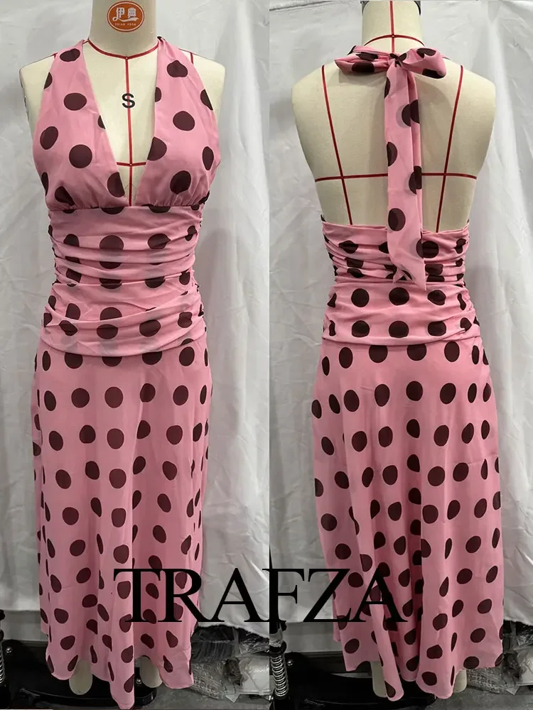 TRAFZA Summer Party Fashion Midi Dress Polka Dot Printed Sleeveless Halter Neck Strap Pleated Backless Female Sexy Dresses