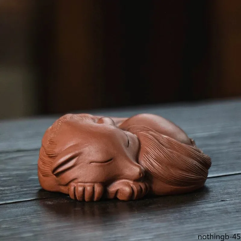 Chinese Yixing Purple Clay Sculpture Tea Pet Lucky Fox Statue Art Ornament Craft