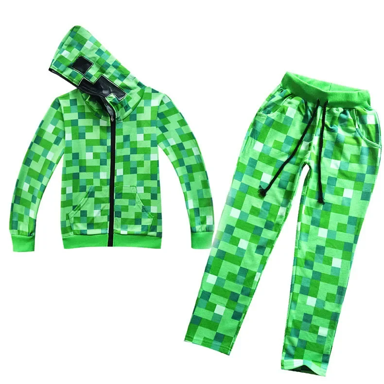 Kids Boys Girls Anime Game Green Check Print Long Sleeves Jacket Pants Trousers Set Outfit Role Play Halloween Cosplay Costume