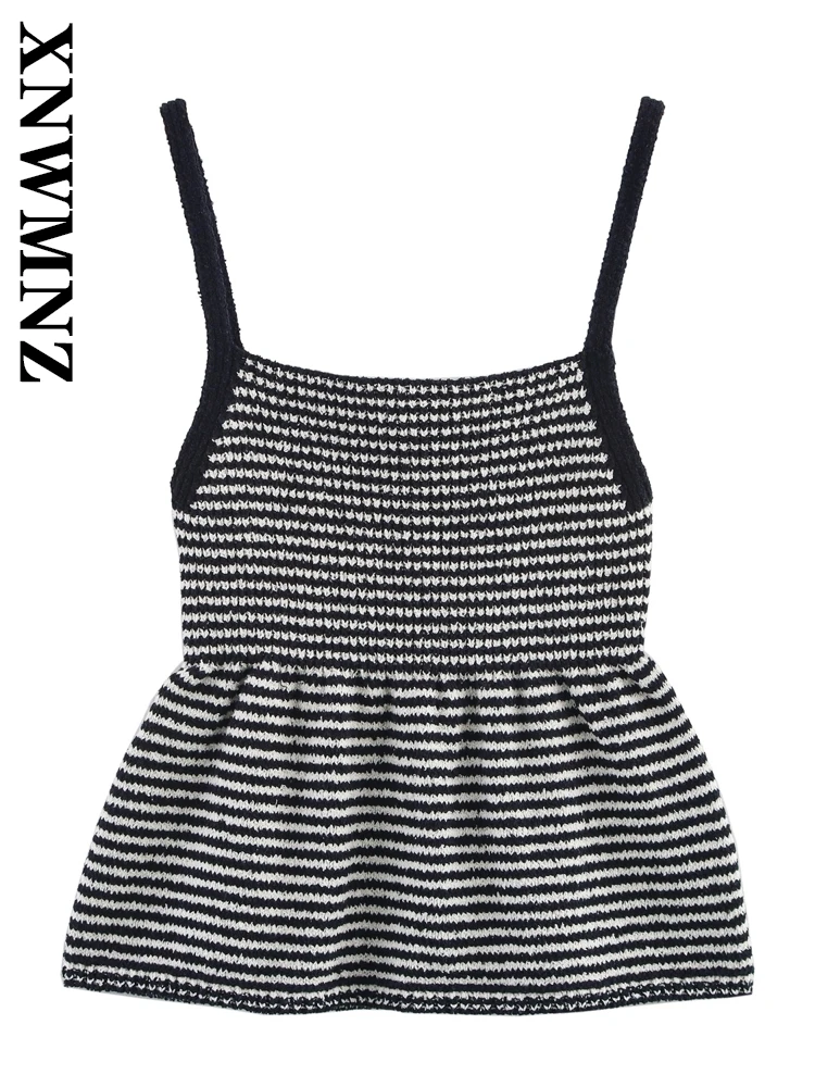 

XNWMNZ 2025 Spring New Female Streetwear Sleeveless Knitted Sweater Halter Top Minimalist Lady Jumper Ruffles Regular Fit Print