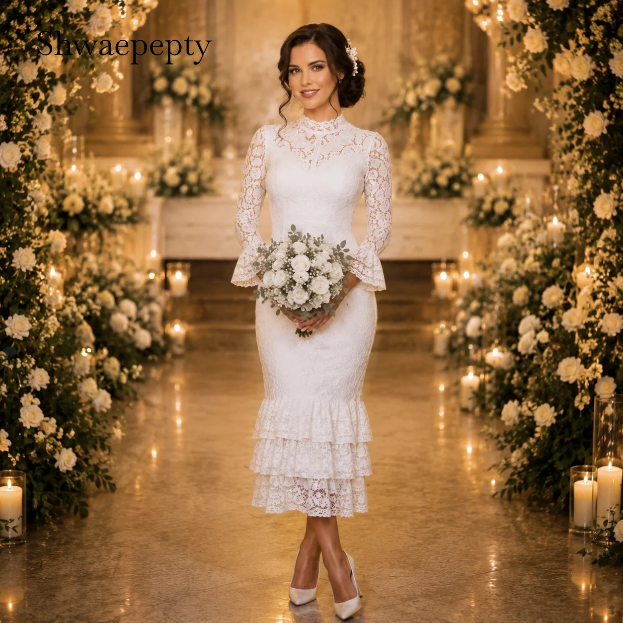 Vintage Lace Civil Wedding Dress Long Flounce Sleeve Open Back Tiered Ruffle Hem Midi Length Fitted Bridal Gown Customized