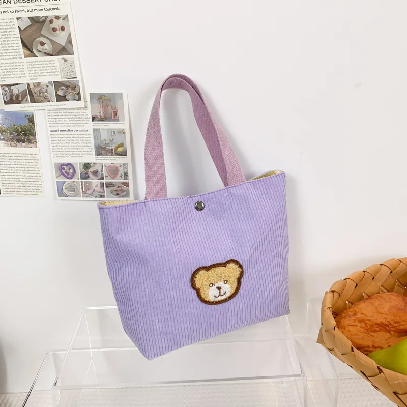 Fashion Mini Corduroy Lunch Bags Versatile Small Tote Handbag Schoolgirl Cute Eco Reusable Handbag With Snap Button Grocery Bags