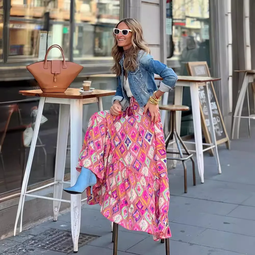 Boho Retro Floral Print Skirts Women 2024 Summer High Waist A-Line Pleated Long Skirts Casual Holiday Beach Skirt