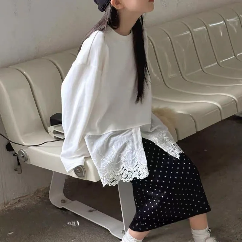 Split Lace Slit Girl Clothes 7 To 8 Years Long Sleeve T-shirt for Girls 9 10 Teenage Clothing Girls' Spring Autumn Children's 12