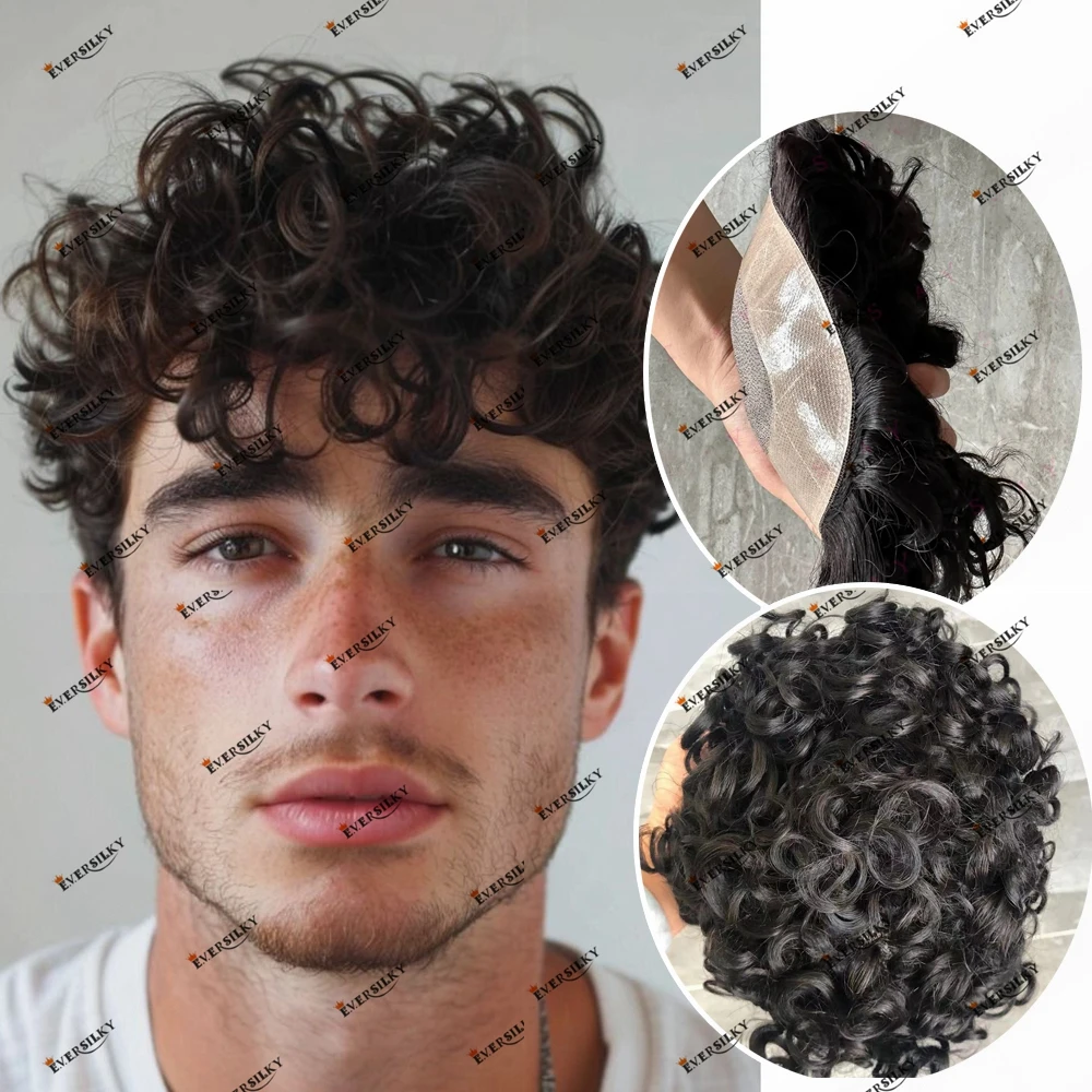 Blonde Brown Black 20mm Curly Men's Wigs Super Durable Mono &NPU 100% Human Hair Man Toupee Capillary Prosthesis For Male