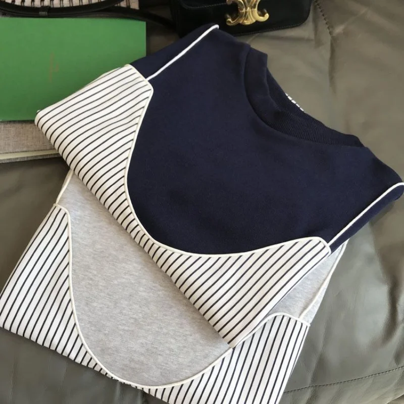 Kadın Kore Gevşek Iki Parçalı Set Çizgili Tişörtü İlkbahar Sonbahar Yeni İşe Gidip Moda Uzun Kollu Patchwork Kadın için Tops
