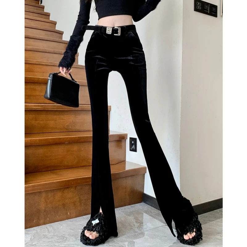 

NEW Women Black Plush Casual Pants Streetwear High Waist American Wide Leg Pants Style Fashion Female Winter Straight Trousers